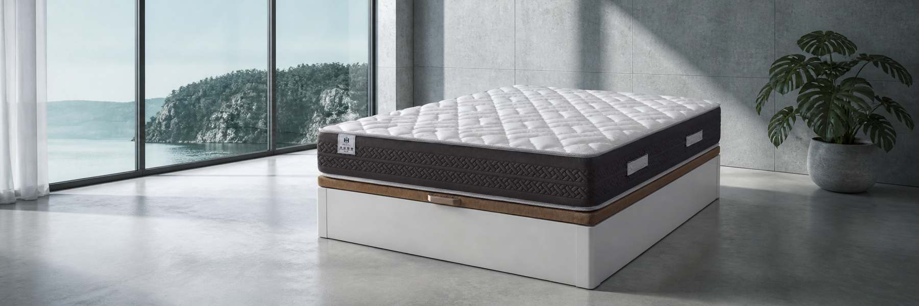 Dormitorio moderno con colchón POSEIDON sobre canapé abatible CHESTIA