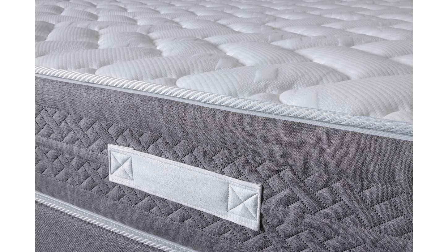 Detalle lateral gris acolchado y tejido superior del Colchón POSEIDÓN CHESTIA