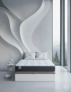 Pack canape abatible con colchon POSEIDON Chestia en dormitorio moderno con canape blanco
