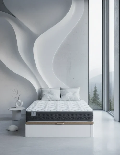 Pack canape abatible con colchon POSEIDON Chestia en dormitorio moderno con canape blanco