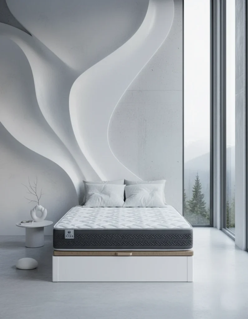 Pack canape abatible con colchon POSEIDON Chestia en dormitorio moderno con canape blanco
