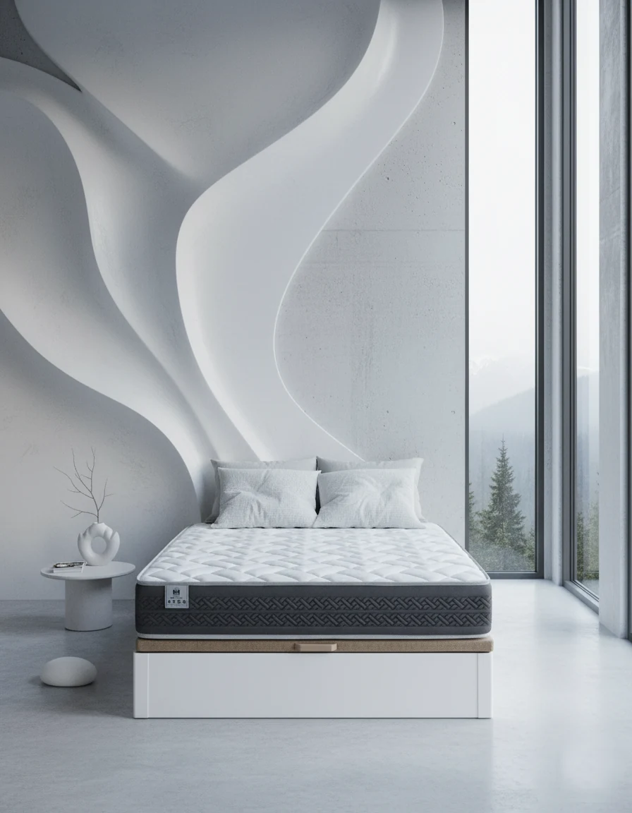 Pack canape abatible con colchon POSEIDON Chestia en dormitorio moderno con canape blanco
