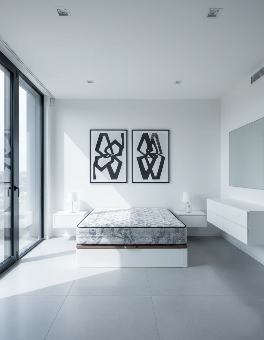 Pack canape abatible con colchon ZEUS Chestia en dormitorio moderno con base blanca
