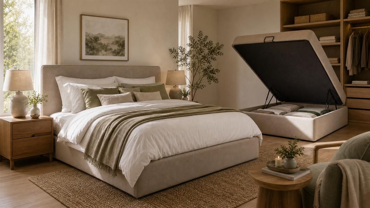 Dormitorio con cama tapizada y solución de almacenaje para comparar soporte y funcionalidad