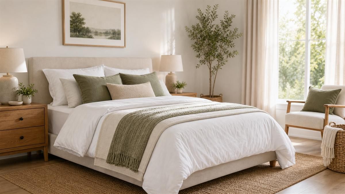 Colchón bien cuidado en dormitorio luminoso con cama ordenada y textiles transpirables