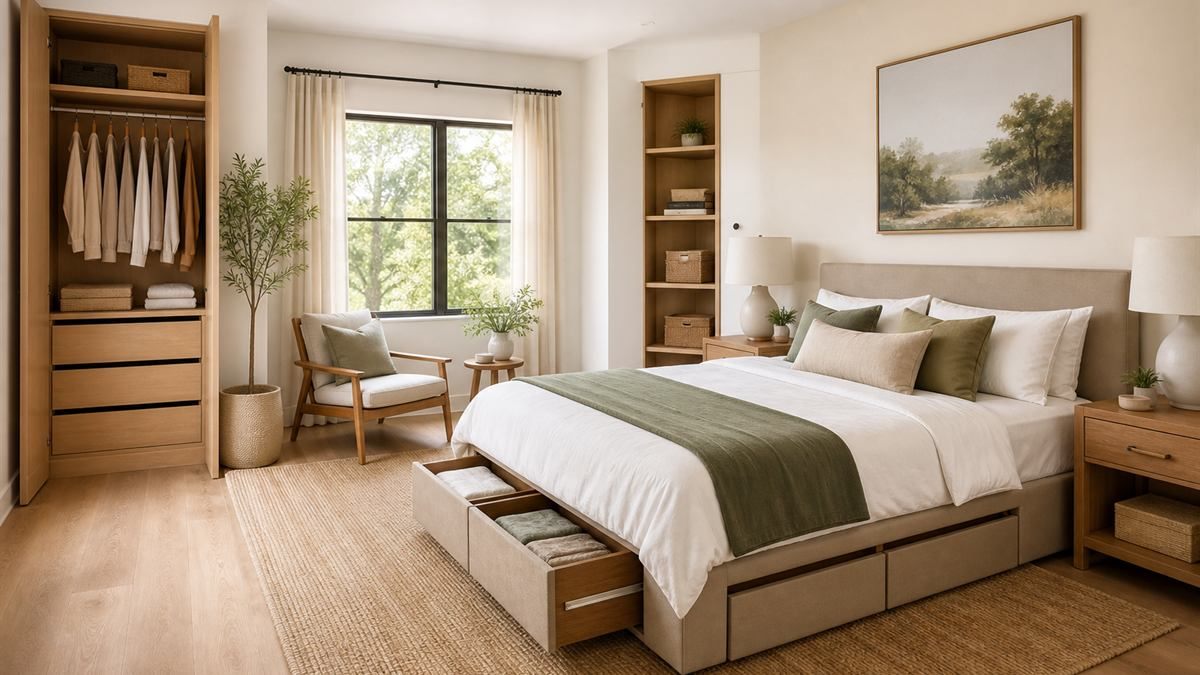 Dormitorio ordenado con soluciones de almacenaje y cama cómoda en tonos naturales